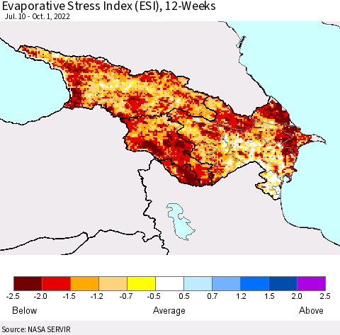 Azerbaijan, Armenia and Georgia Evaporative Stress Index (ESI), 12-Weeks Thematic Map For 9/26/2022 - 10/2/2022