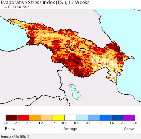 Azerbaijan, Armenia and Georgia Evaporative Stress Index (ESI), 12-Weeks Thematic Map For 10/3/2022 - 10/9/2022