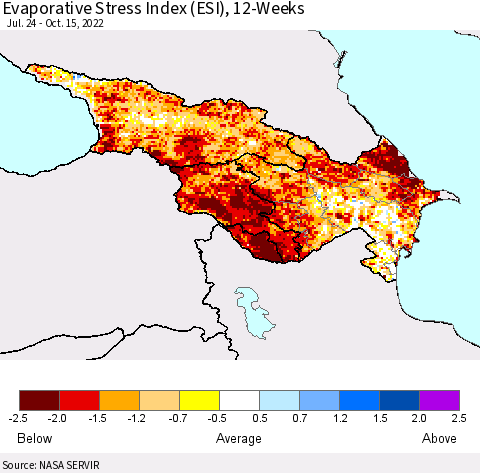 Azerbaijan, Armenia and Georgia Evaporative Stress Index (ESI), 12-Weeks Thematic Map For 10/10/2022 - 10/16/2022