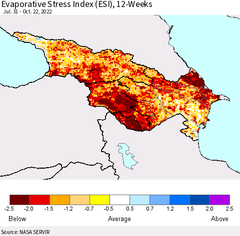 Azerbaijan, Armenia and Georgia Evaporative Stress Index (ESI), 12-Weeks Thematic Map For 10/17/2022 - 10/23/2022