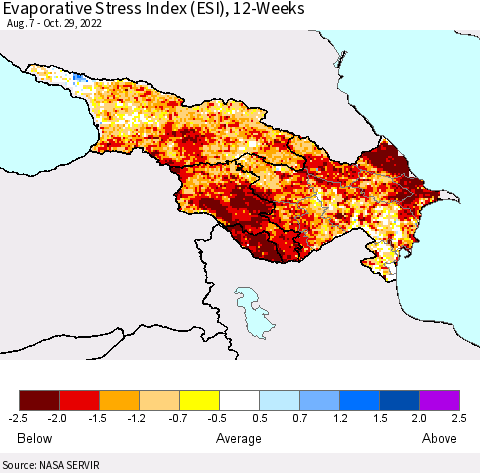 Azerbaijan, Armenia and Georgia Evaporative Stress Index (ESI), 12-Weeks Thematic Map For 10/24/2022 - 10/30/2022