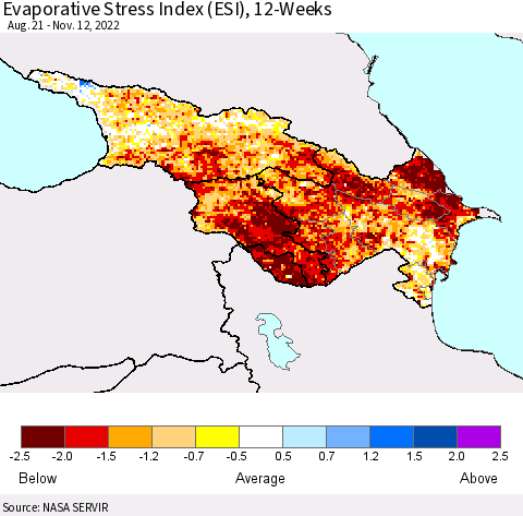 Azerbaijan, Armenia and Georgia Evaporative Stress Index (ESI), 12-Weeks Thematic Map For 11/7/2022 - 11/13/2022