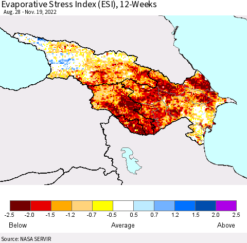Azerbaijan, Armenia and Georgia Evaporative Stress Index (ESI), 12-Weeks Thematic Map For 11/14/2022 - 11/20/2022