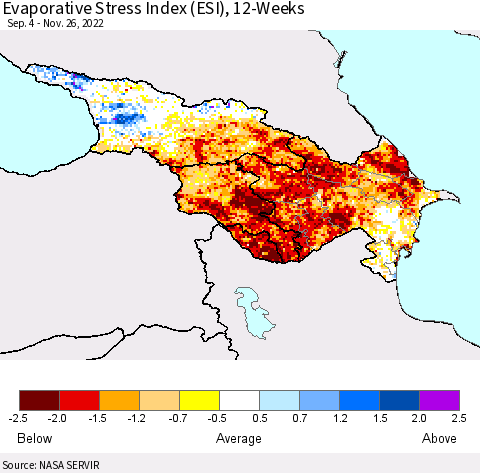 Azerbaijan, Armenia and Georgia Evaporative Stress Index (ESI), 12-Weeks Thematic Map For 11/21/2022 - 11/27/2022
