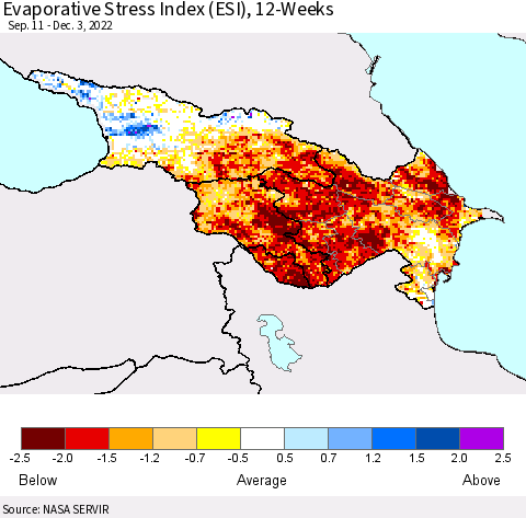Azerbaijan, Armenia and Georgia Evaporative Stress Index (ESI), 12-Weeks Thematic Map For 11/28/2022 - 12/4/2022