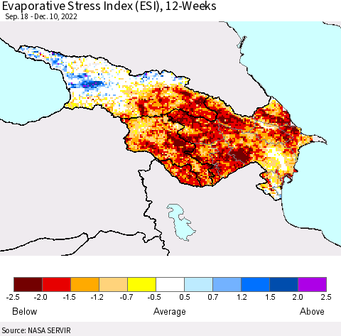 Azerbaijan, Armenia and Georgia Evaporative Stress Index (ESI), 12-Weeks Thematic Map For 12/5/2022 - 12/11/2022