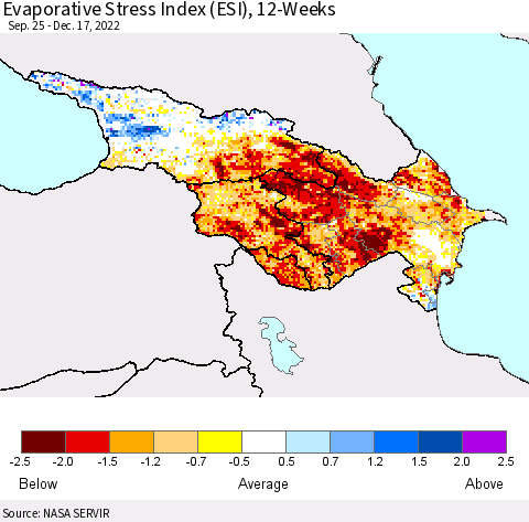 Azerbaijan, Armenia and Georgia Evaporative Stress Index (ESI), 12-Weeks Thematic Map For 12/12/2022 - 12/18/2022