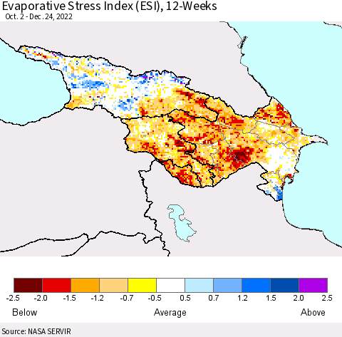 Azerbaijan, Armenia and Georgia Evaporative Stress Index (ESI), 12-Weeks Thematic Map For 12/19/2022 - 12/25/2022