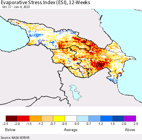 Azerbaijan, Armenia and Georgia Evaporative Stress Index (ESI), 12-Weeks Thematic Map For 1/2/2023 - 1/8/2023