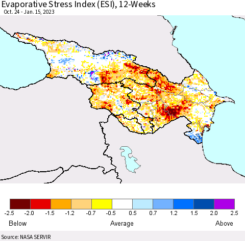 Azerbaijan, Armenia and Georgia Evaporative Stress Index (ESI), 12-Weeks Thematic Map For 1/9/2023 - 1/15/2023