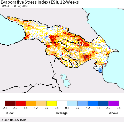 Azerbaijan, Armenia and Georgia Evaporative Stress Index (ESI), 12-Weeks Thematic Map For 1/16/2023 - 1/22/2023