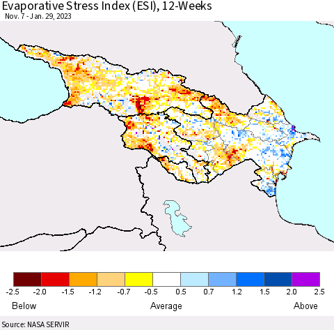 Azerbaijan, Armenia and Georgia Evaporative Stress Index (ESI), 12-Weeks Thematic Map For 1/23/2023 - 1/29/2023