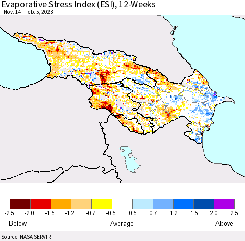 Azerbaijan, Armenia and Georgia Evaporative Stress Index (ESI), 12-Weeks Thematic Map For 1/30/2023 - 2/5/2023