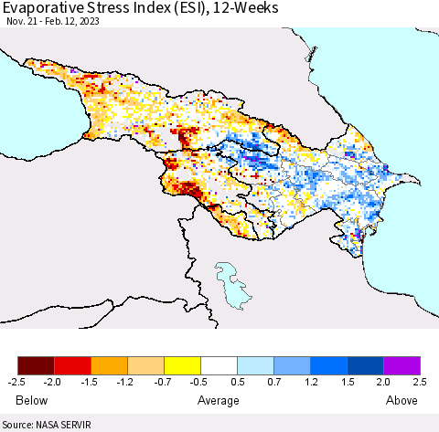 Azerbaijan, Armenia and Georgia Evaporative Stress Index (ESI), 12-Weeks Thematic Map For 2/6/2023 - 2/12/2023