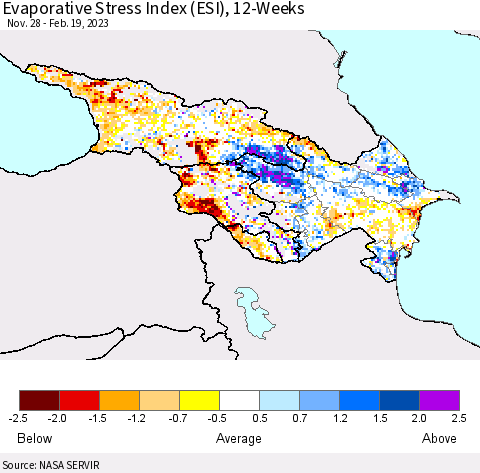 Azerbaijan, Armenia and Georgia Evaporative Stress Index (ESI), 12-Weeks Thematic Map For 2/13/2023 - 2/19/2023