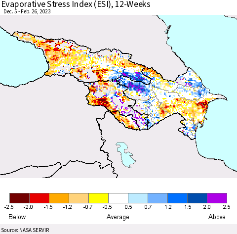 Azerbaijan, Armenia and Georgia Evaporative Stress Index (ESI), 12-Weeks Thematic Map For 2/20/2023 - 2/26/2023