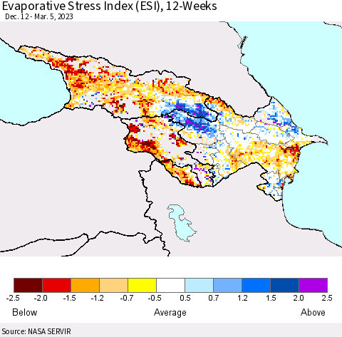 Azerbaijan, Armenia and Georgia Evaporative Stress Index (ESI), 12-Weeks Thematic Map For 2/27/2023 - 3/5/2023
