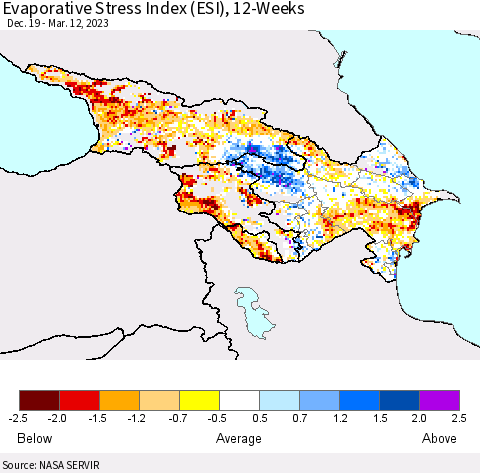 Azerbaijan, Armenia and Georgia Evaporative Stress Index (ESI), 12-Weeks Thematic Map For 3/6/2023 - 3/12/2023