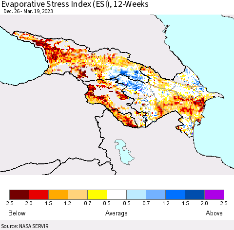 Azerbaijan, Armenia and Georgia Evaporative Stress Index (ESI), 12-Weeks Thematic Map For 3/13/2023 - 3/19/2023
