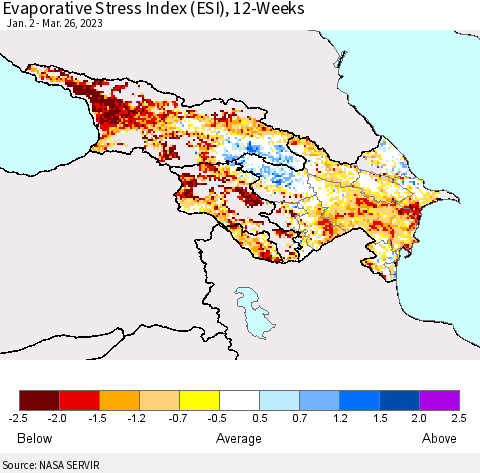 Azerbaijan, Armenia and Georgia Evaporative Stress Index (ESI), 12-Weeks Thematic Map For 3/20/2023 - 3/26/2023
