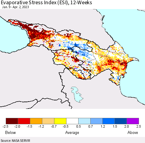 Azerbaijan, Armenia and Georgia Evaporative Stress Index (ESI), 12-Weeks Thematic Map For 3/27/2023 - 4/2/2023