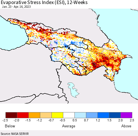 Azerbaijan, Armenia and Georgia Evaporative Stress Index (ESI), 12-Weeks Thematic Map For 4/10/2023 - 4/16/2023