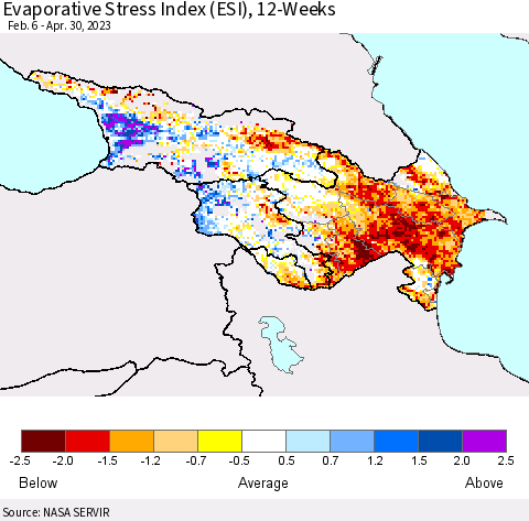Azerbaijan, Armenia and Georgia Evaporative Stress Index (ESI), 12-Weeks Thematic Map For 4/24/2023 - 4/30/2023
