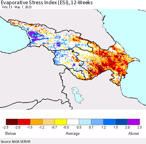 Azerbaijan, Armenia and Georgia Evaporative Stress Index (ESI), 12-Weeks Thematic Map For 5/1/2023 - 5/7/2023