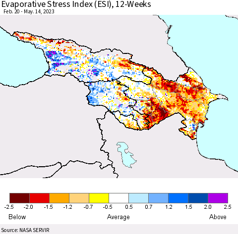 Azerbaijan, Armenia and Georgia Evaporative Stress Index (ESI), 12-Weeks Thematic Map For 5/8/2023 - 5/14/2023