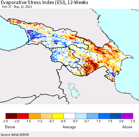 Azerbaijan, Armenia and Georgia Evaporative Stress Index (ESI), 12-Weeks Thematic Map For 5/15/2023 - 5/21/2023