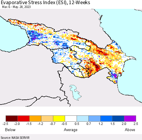 Azerbaijan, Armenia and Georgia Evaporative Stress Index (ESI), 12-Weeks Thematic Map For 5/22/2023 - 5/28/2023