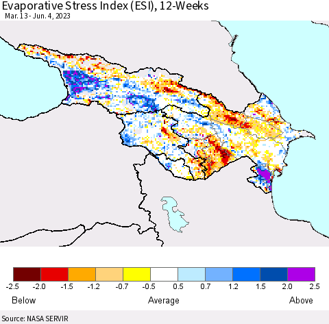 Azerbaijan, Armenia and Georgia Evaporative Stress Index (ESI), 12-Weeks Thematic Map For 5/29/2023 - 6/4/2023