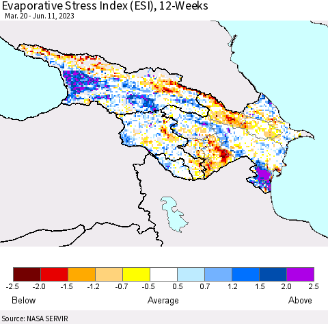 Azerbaijan, Armenia and Georgia Evaporative Stress Index (ESI), 12-Weeks Thematic Map For 6/5/2023 - 6/11/2023