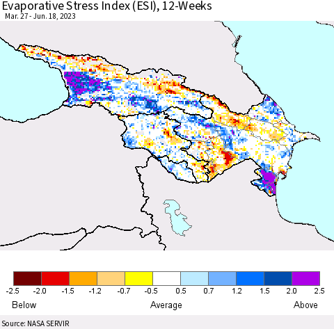 Azerbaijan, Armenia and Georgia Evaporative Stress Index (ESI), 12-Weeks Thematic Map For 6/12/2023 - 6/18/2023