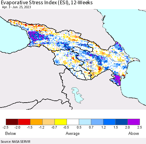 Azerbaijan, Armenia and Georgia Evaporative Stress Index (ESI), 12-Weeks Thematic Map For 6/19/2023 - 6/25/2023