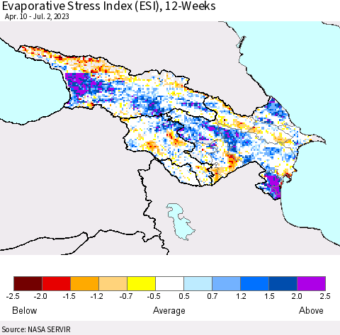 Azerbaijan, Armenia and Georgia Evaporative Stress Index (ESI), 12-Weeks Thematic Map For 6/26/2023 - 7/2/2023