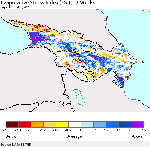 Azerbaijan, Armenia and Georgia Evaporative Stress Index (ESI), 12-Weeks Thematic Map For 7/3/2023 - 7/9/2023