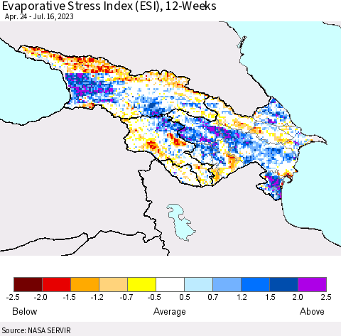Azerbaijan, Armenia and Georgia Evaporative Stress Index (ESI), 12-Weeks Thematic Map For 7/10/2023 - 7/16/2023