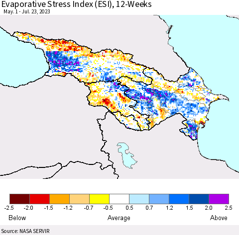 Azerbaijan, Armenia and Georgia Evaporative Stress Index (ESI), 12-Weeks Thematic Map For 7/17/2023 - 7/23/2023