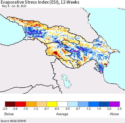Azerbaijan, Armenia and Georgia Evaporative Stress Index (ESI), 12-Weeks Thematic Map For 7/24/2023 - 7/30/2023