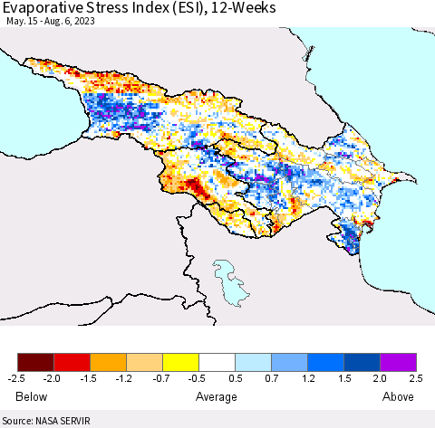Azerbaijan, Armenia and Georgia Evaporative Stress Index (ESI), 12-Weeks Thematic Map For 7/31/2023 - 8/6/2023