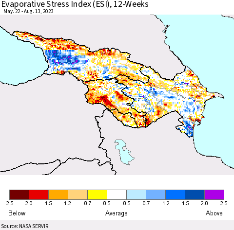 Azerbaijan, Armenia and Georgia Evaporative Stress Index (ESI), 12-Weeks Thematic Map For 8/7/2023 - 8/13/2023