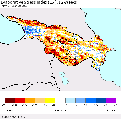 Azerbaijan, Armenia and Georgia Evaporative Stress Index (ESI), 12-Weeks Thematic Map For 8/14/2023 - 8/20/2023