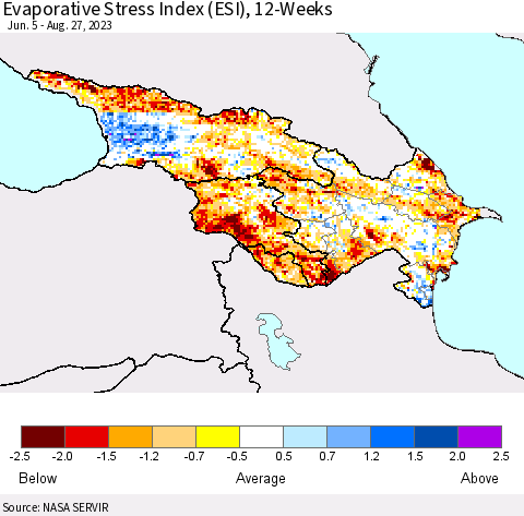 Azerbaijan, Armenia and Georgia Evaporative Stress Index (ESI), 12-Weeks Thematic Map For 8/21/2023 - 8/27/2023