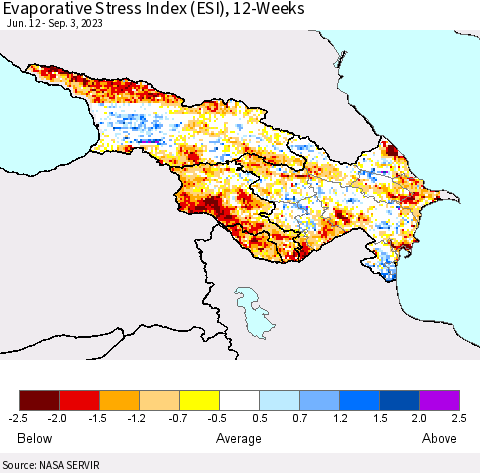 Azerbaijan, Armenia and Georgia Evaporative Stress Index (ESI), 12-Weeks Thematic Map For 8/28/2023 - 9/3/2023