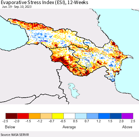 Azerbaijan, Armenia and Georgia Evaporative Stress Index (ESI), 12-Weeks Thematic Map For 9/4/2023 - 9/10/2023