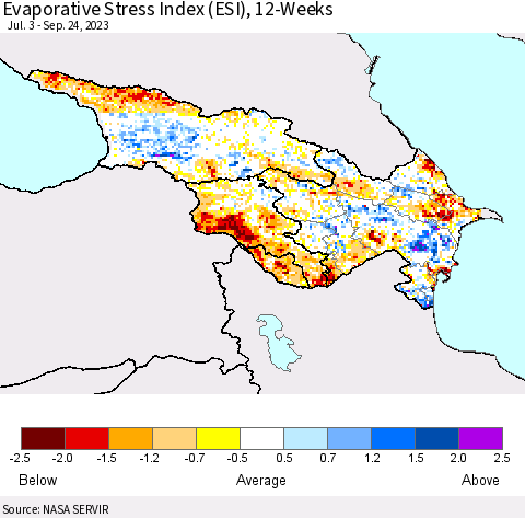 Azerbaijan, Armenia and Georgia Evaporative Stress Index (ESI), 12-Weeks Thematic Map For 9/18/2023 - 9/24/2023