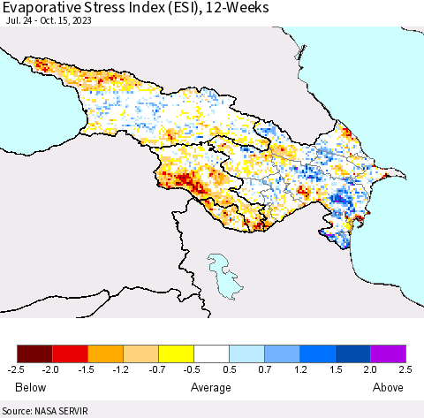 Azerbaijan, Armenia and Georgia Evaporative Stress Index (ESI), 12-Weeks Thematic Map For 10/9/2023 - 10/15/2023