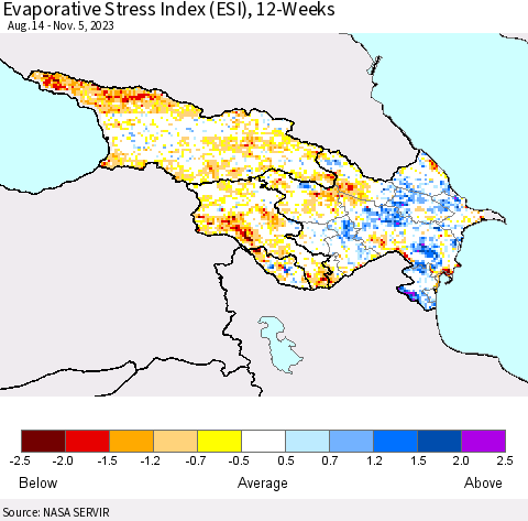 Azerbaijan, Armenia and Georgia Evaporative Stress Index (ESI), 12-Weeks Thematic Map For 10/30/2023 - 11/5/2023