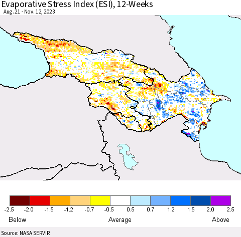 Azerbaijan, Armenia and Georgia Evaporative Stress Index (ESI), 12-Weeks Thematic Map For 11/6/2023 - 11/12/2023